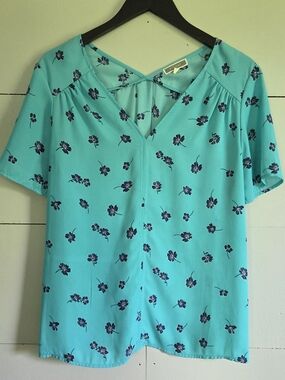 Pleione Turquoise Navy Floral Chiffon Short Sleeve V-Neck Blouse Women M